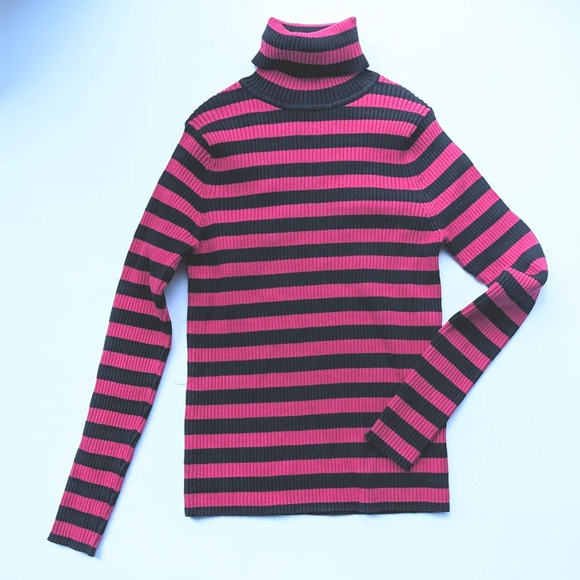 Black & Festival Fuchsia Striped Ribbed Knit Turtle Neck Sweater - Picture 1 of 3